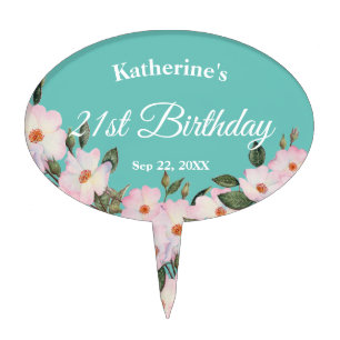 Watercolor Pink Roses Ballerina Floral Birthday Cake Topper