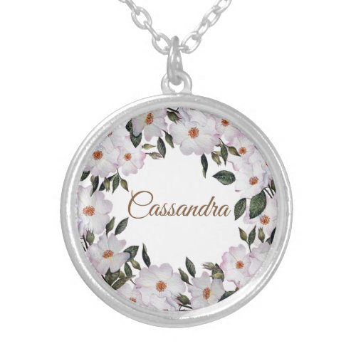Watercolor Pink Roses Ballerina Floral Design Silver Plated Necklace