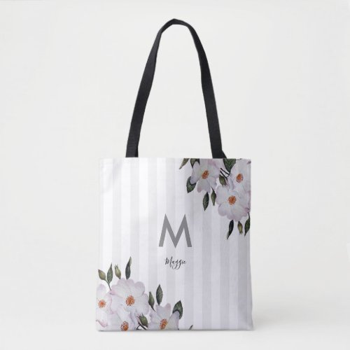 Watercolor Pink Roses Ballerina Floral Monogram Tote Bag