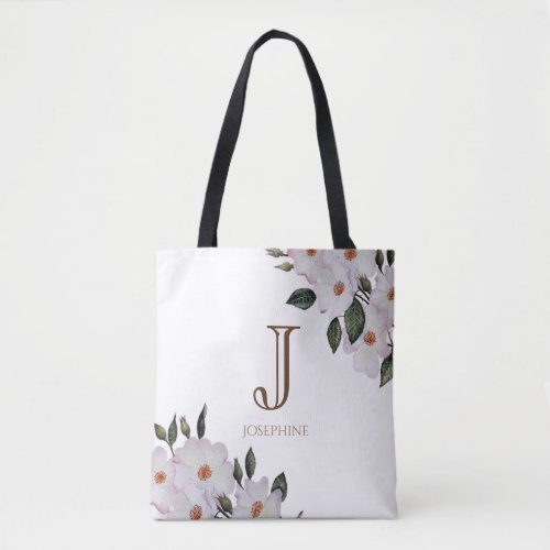 Watercolor Pink Roses Ballerina Floral Monogram Tote Bag