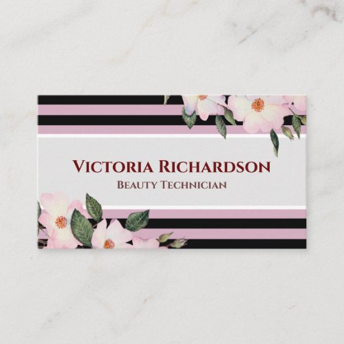 Watercolor Pink Roses Ballerina  Floral Stripes Business Card