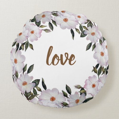 Watercolor Pink Roses Ballerina Floral Wreath Round Pillow