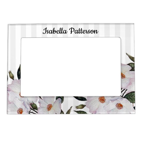 Watercolor Pink Roses Ballerina Gray Stripes Magnetic Frame