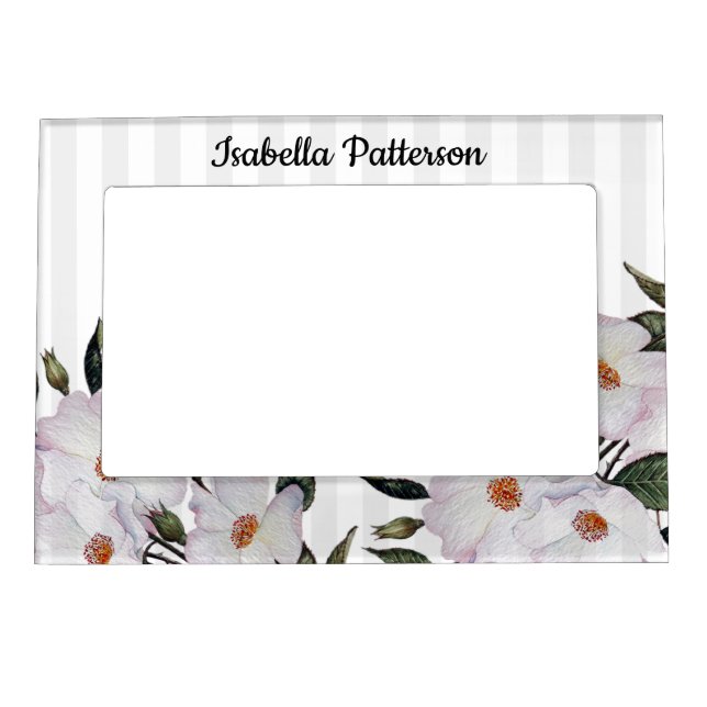 Watercolor Pink Roses Ballerina Gray Stripes Magnetic Frame (Front)