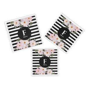 Watercolor Pink Roses Ballerina Monogram Stripes Acrylic Tray