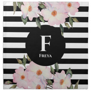 Watercolor Pink Roses Ballerina Monogram Stripes Cloth Napkin