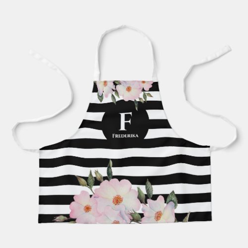 Watercolor Pink Roses Ballerina Monogram Stripes S Apron