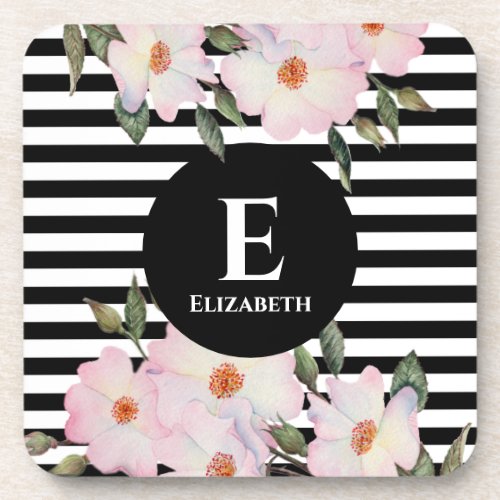 Watercolor Pink Roses Ballerina Stripes Monogram Beverage Coaster