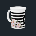 Watercolor Pink Roses Ballerina Stripes Monogram Beverage Pitcher<br><div class="desc">Designed based on my watercolor flower portrait of white roses 'ballerina' with their pale pink colors, with many rose buds ready to bloom and surrounded by dark green foliage around them. The product has classic black and white stripes and monogram of initial of your choice in the center and name...</div>
