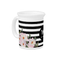 Watercolor Pink Roses Ballerina Stripes Monogram Beverage Pitcher