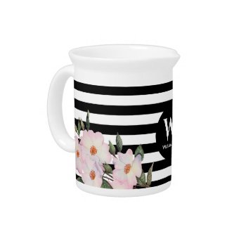 Watercolor Pink Roses Ballerina Stripes Monogram Beverage Pitcher by FaridaGallery at Zazzle