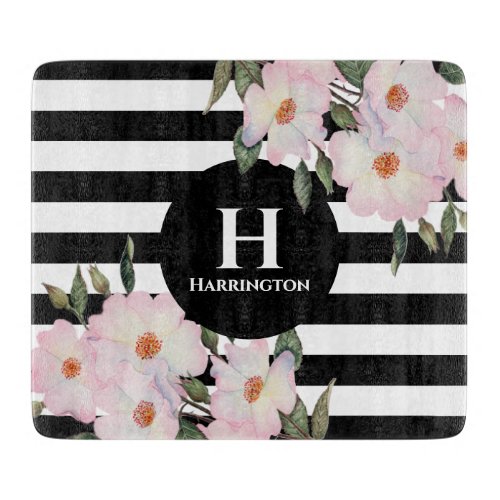 Watercolor Pink Roses Ballerina Stripes Monogram C Cutting Board