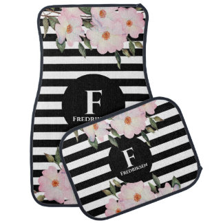 Watercolor Pink Roses Ballerina Stripes Monogram Car Floor Mat
