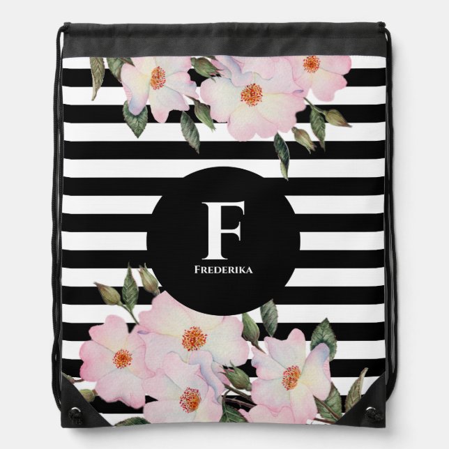 Watercolor Pink Roses Ballerina Stripes Monogram Drawstring Bag (Front)