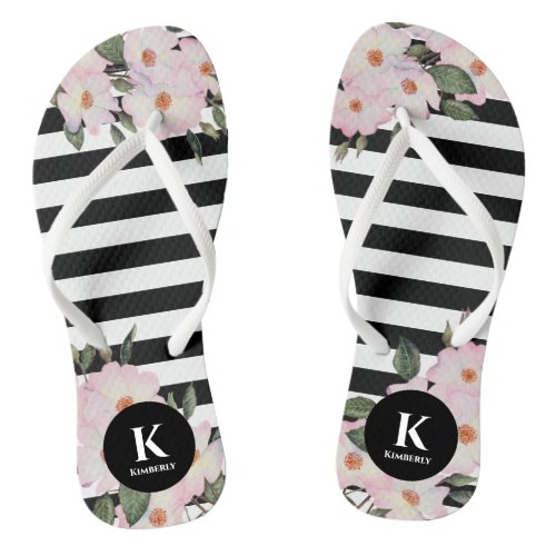 Watercolor Pink Roses Ballerina Stripes Monogram Flip Flops