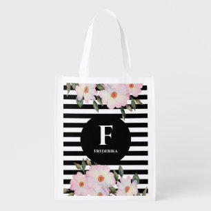 Watercolor Pink Roses Ballerina Stripes Monogram Grocery Bag