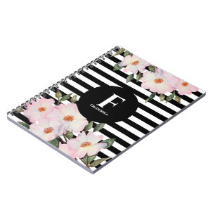 Watercolor Pink Roses Ballerina Stripes Monogram Notebook