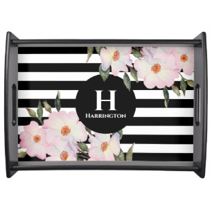 Watercolor Pink Roses Ballerina Stripes Monogram Serving Tray