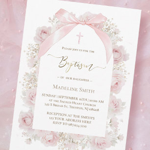 watercolor pink roses Baptism Invitation