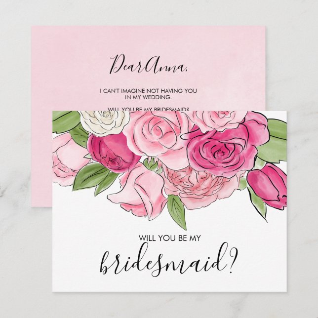 Watercolor Pink Roses Be My Bridesmaid Card (Front/Back)