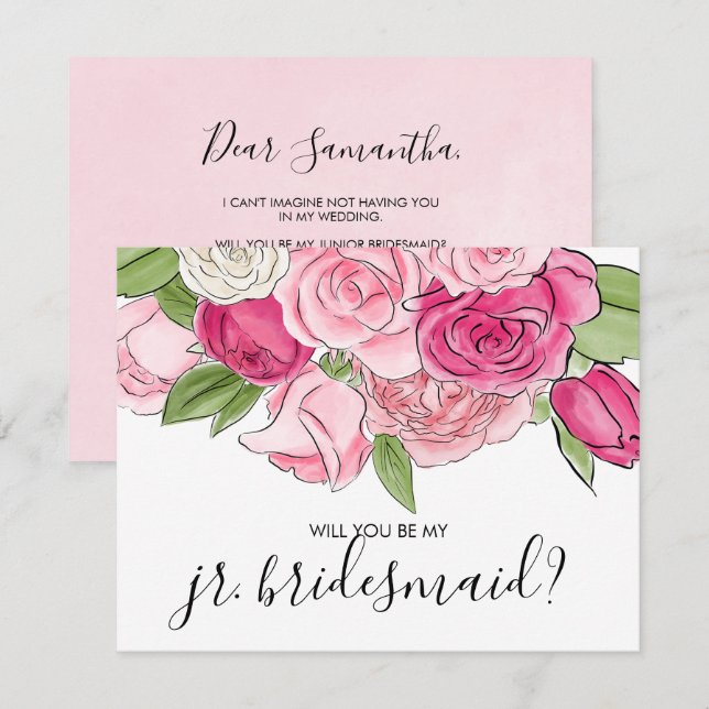 Watercolor Pink Roses Be My Jr. Bridesmaid Card (Front/Back)