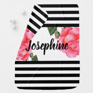 Watercolor Pink Roses Black and White Stripes Baby Blanket