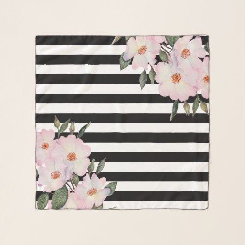 Watercolor Pink Roses Black White Stripes Pattern  Scarf