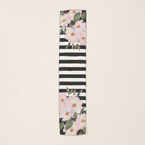 Watercolor Pink Roses Black White Stripes Pattern Scarf