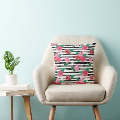 Watercolor Pink Roses Black  White Stripes Throw Pillow