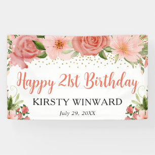 Watercolor Pink Roses Boho Birthday Party Banner