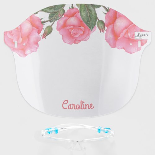 Watercolor Pink Roses Botanical Design Face Shield