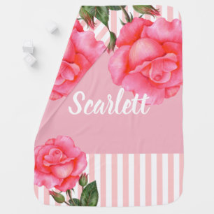 Watercolor Pink Roses Botanical Illustration Baby Blanket