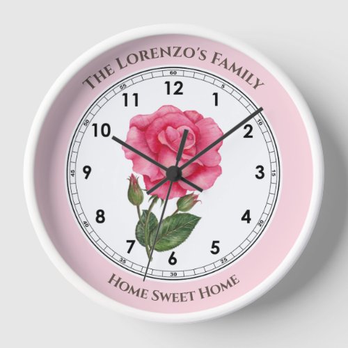 Watercolor Pink Roses Botanical Illustration Clock