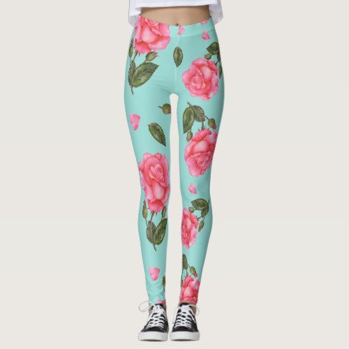 Watercolor Pink Roses Botanical Illustration Leggings