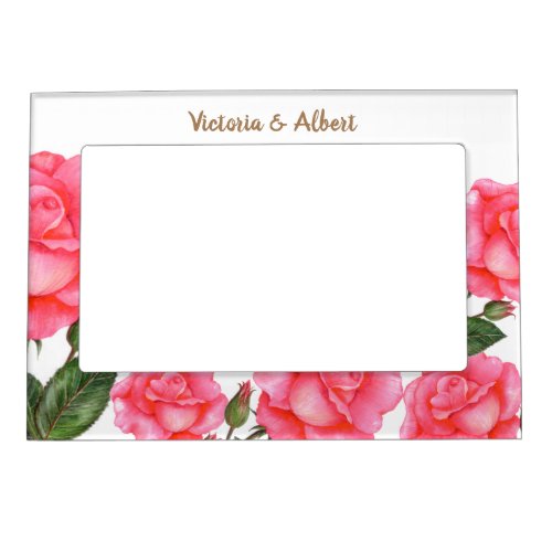 Watercolor Pink Roses Botanical Illustration Magnetic Picture Frame