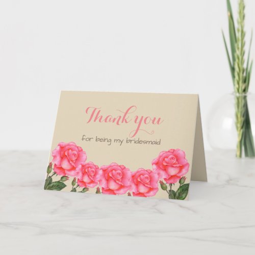 Watercolor Pink Roses Botanical Illustration Thank You Card