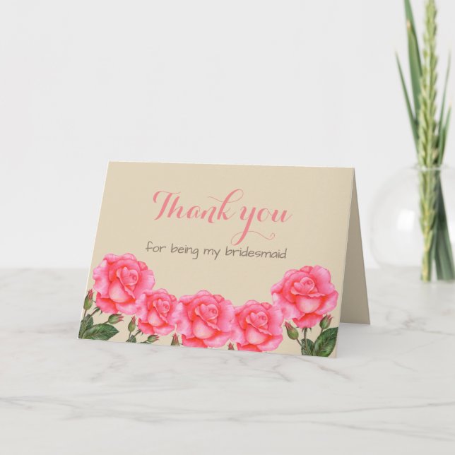 Watercolor Pink Roses Botanical Illustration Thank You Card (Front)