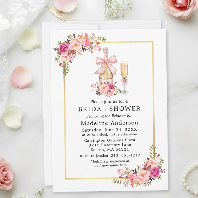 Watercolor Pink Roses Bow Bridal Shower Invitation (Customize to add more text to back of card.)