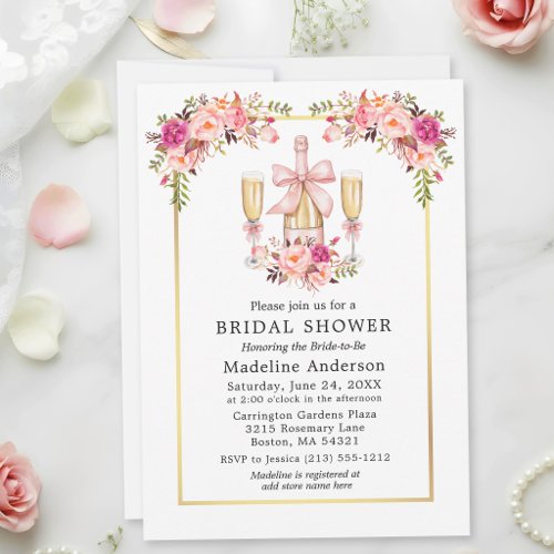 Watercolor Pink Roses Bow Gold Frame Bridal Shower Invitation