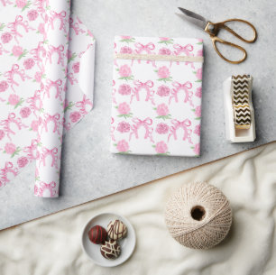 Watercolor Pink Roses & Bows Wrapping Paper