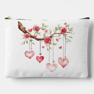Watercolor Pink Roses Branch With Hanging Hearts Accessory Pouch