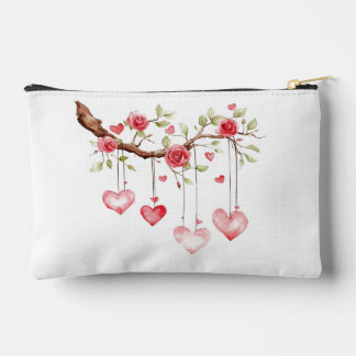 Watercolor Pink Roses Branch With Hanging Hearts Accessory Pouch