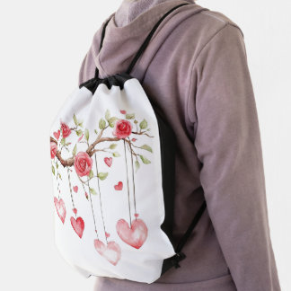 Watercolor Pink Roses Branch With Hanging Hearts Drawstring Bag