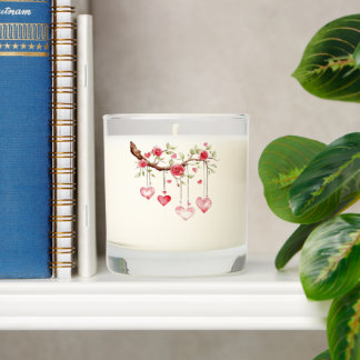 Watercolor Pink Roses Branch With Hanging Hearts Scented Candle