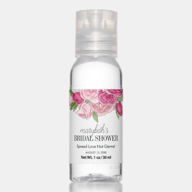 Watercolor Pink Roses Bridal Shower Hand Sanitizer (Front)
