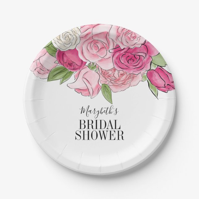 Watercolor Pink Roses Bridal Shower Paper Plate (Front)