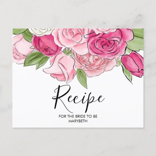 Watercolor Pink Roses Bridal Shower Recipe Card