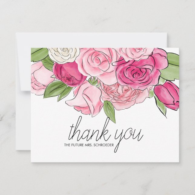 Watercolor Pink Roses Bridal Shower Thank You Card (Front)