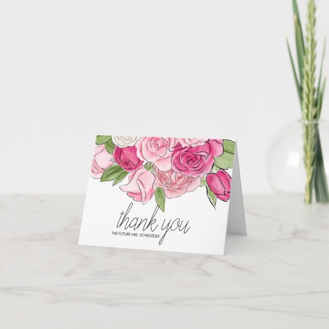 Watercolor Pink Roses Bridal Shower Thank You Card (Front)
