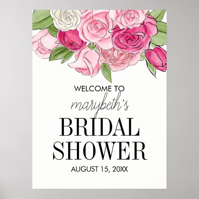 Watercolor Pink Roses Bridal Shower Welcome Poster (Front)